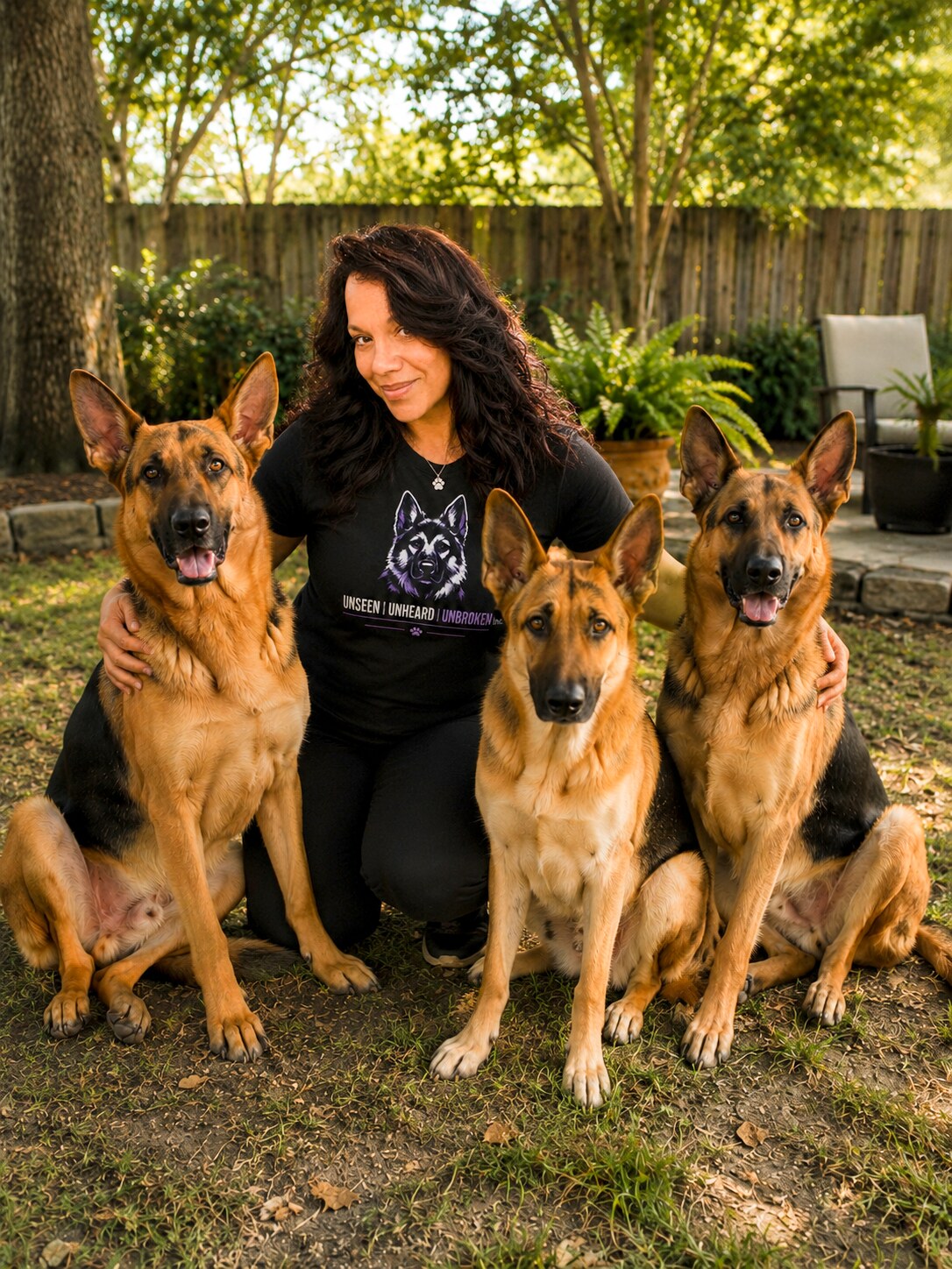 Liz Rams, founder and president of UNSEEN | UNHEARD | UNBROKEN Inc., with three German Shepherds